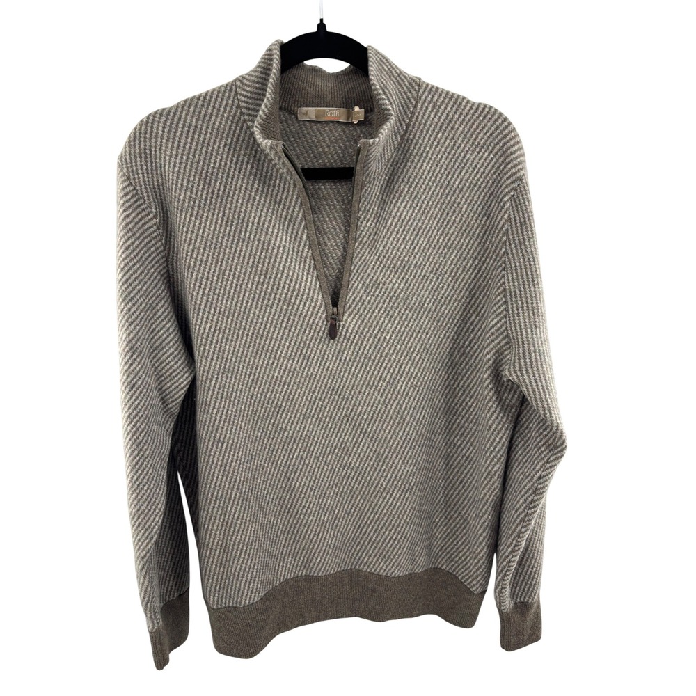 Raffi‎ Cashmere Mens Brown Diagonal Ribbed 1/4 Zip Sweater Large L